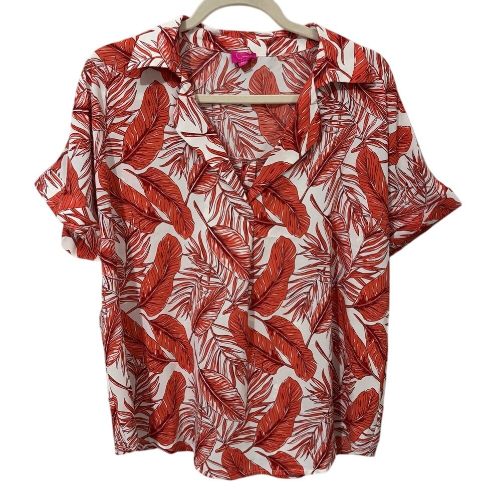 Caroline Hill Red and‎ White Relaxed Short Sleeve Blouse Leaves Leaf Tropical